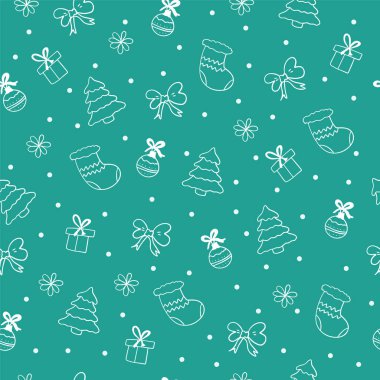 Noel ağacı hediye top ve yay Tekstil için yeşil bir arka plan ve kumaşlar, tatil yeni yıl ve Aralık ayında kışın Noel için beyaz unsurları ile güzel seamless modeli