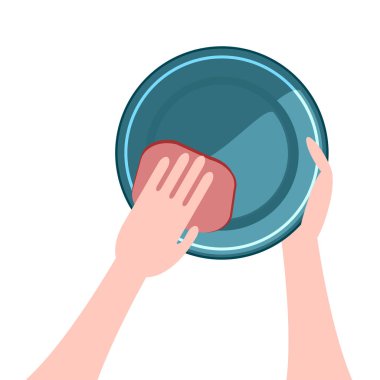 beyaz bir arka plan üzerine bir sünger ile temizleme bir tabak bulaşık eller