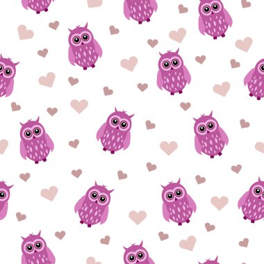 tekstiller için kutsal Sevgililer günü kalpli beyaz zemin üzerinde bir pembe baykuş hayvanıyla güzel seamless modeli