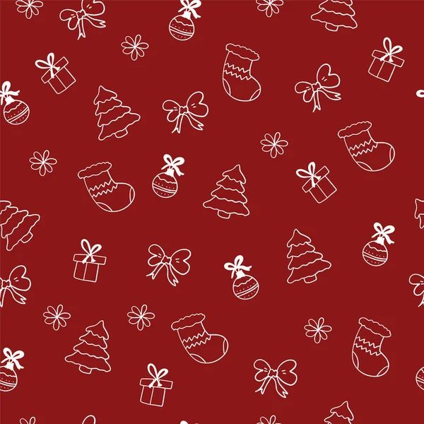 Noel ağacı hediye top ve yay Tekstil için kırmızı bir arka plan ve kumaşlar, tatil yeni yıl ve Aralık ayında kışın Noel için beyaz unsurları ile güzel seamless modeli