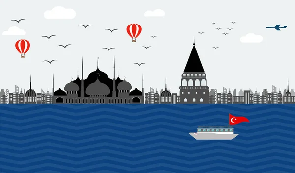 Türkiye'de Istanbul 'un Sultanahmet Camii ve Galata Kulesi binaları ile şehir ve deniz boğaz boğaz balonlar gemiyle Türkiye ve martılar bayrağı ile birlikte mimarisiyle set of güzel manzara vektör