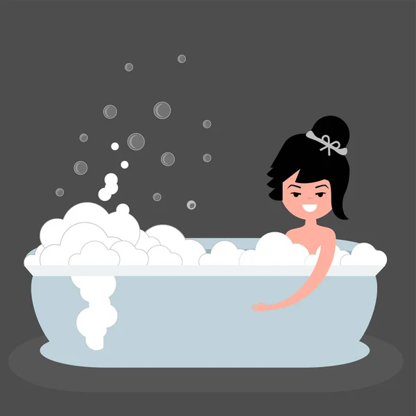 Hermosa Chica Morena Lava Cuerpo Tomando Baño Con Espuma Tratamientos — Vector de stock