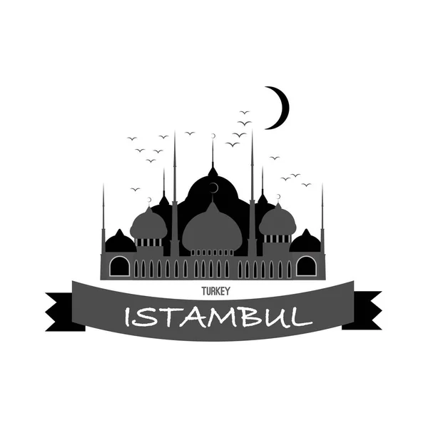 美しい黒ロゴ リボンと白い背景やテキスト 星と夜月にトルコのイスタンブールでカモメの青いモスクと図面をベクトルします — ストックベクタ