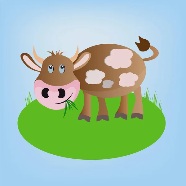 Brown Vector Cartoon Cheerful Cow Animal Standing Field Eating Green — Stock Vector
