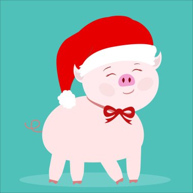 New Year's Eve ve Noel'ın Aralık ayında kış mavi bir arka plan üzerinde kırmızı bir yay ile Noel Baba şapkalı pembe domuz