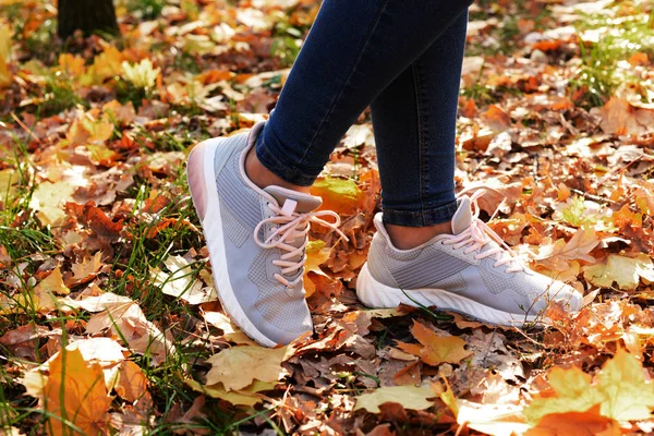 legs of the girl athlete who stands on the road in sneakers shoes gray  for sports in yellow autumn leaves