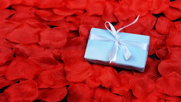 blue gift box with a bow surprise on the petals of red flowers