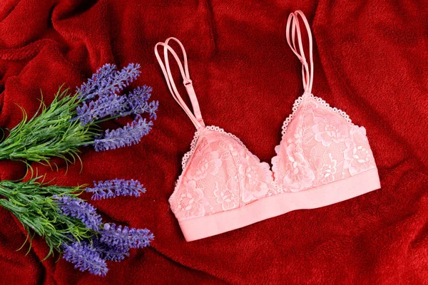 pembe iç çamaşırı sutyen çiçekli kırmızı bir arka plan üzerinde