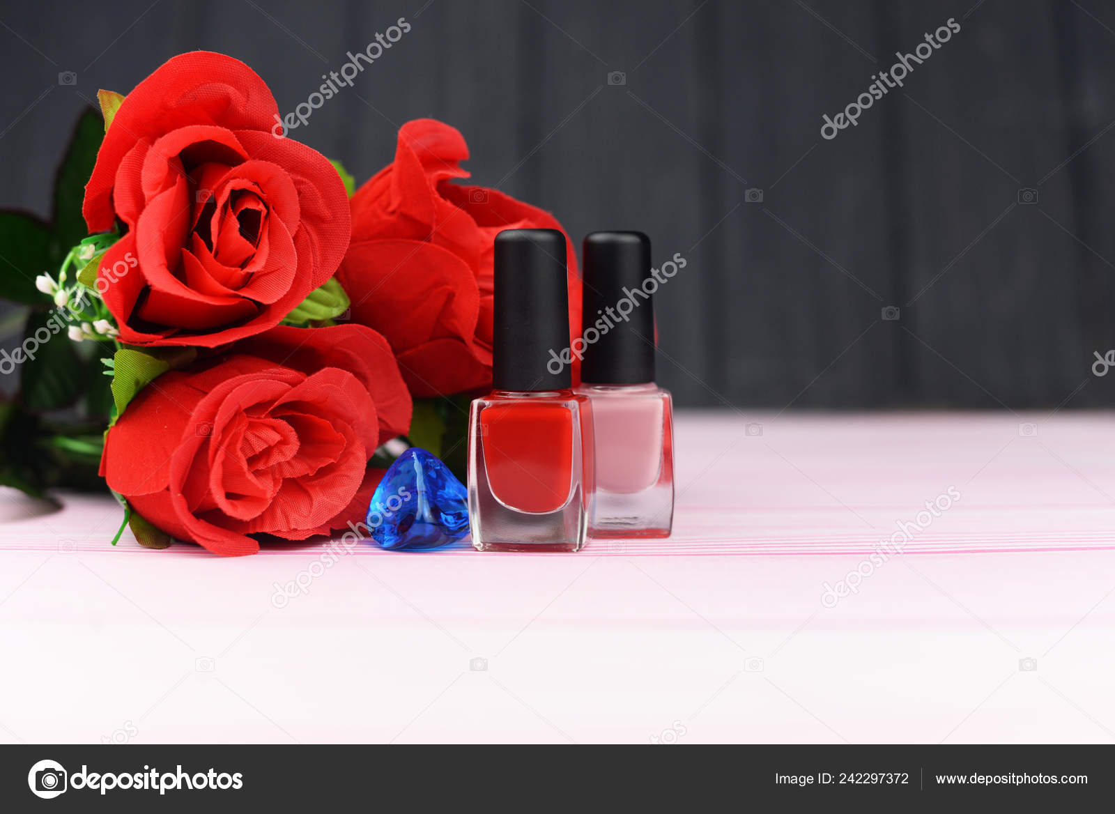 Red Gel Bottles Women Nails Black White Background Flowers Roses