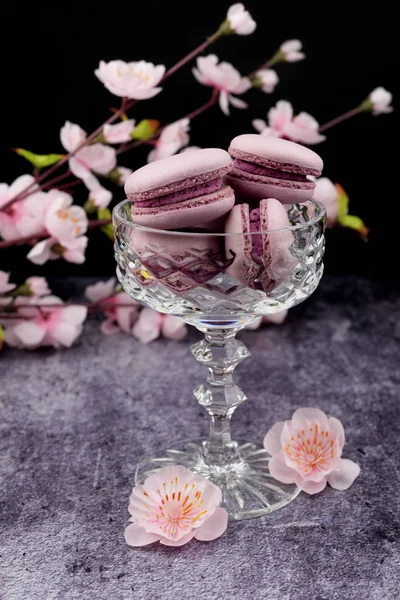 French Macaron Dessert Cookies Pink Lilac Vase Glassware Black Background — Stock Photo, Image