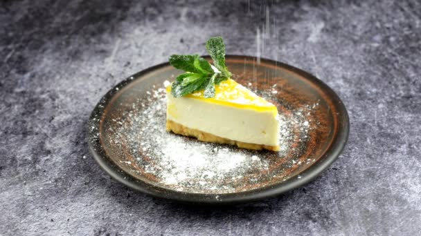 Dessert Cake Mascarpone Cheesecake Mint Leaf Sprinkled Powdered Sugar — Stock Video