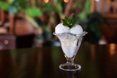 nane yaprağı ile lezzetli vanilyalı dondurma tatlısı