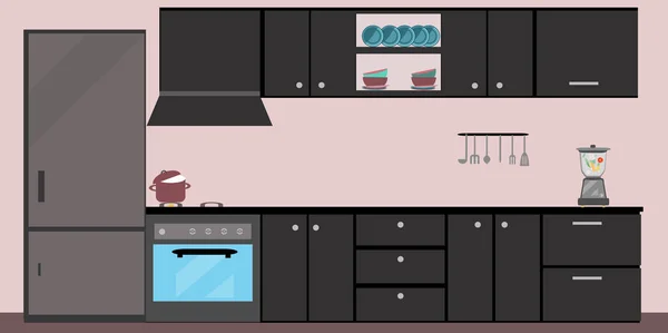 Dapur interior makan ilustrasi datar dengan lemari es kompor tab - Stok Vektor