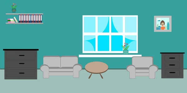 Interior ruang vektor dengan tabel sofa dan jendela - Stok Vektor