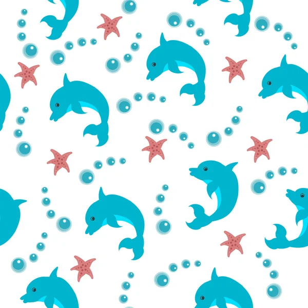 Zee - dolfijnen naadloos patroon en zeesterren — Stockvector