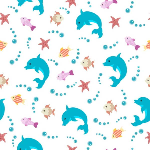 Θάλασσα � � � � � � � δελφίνι χωρίς ραφή πρότυπο με ψάρια και αστερίες — Διανυσματικό Αρχείο