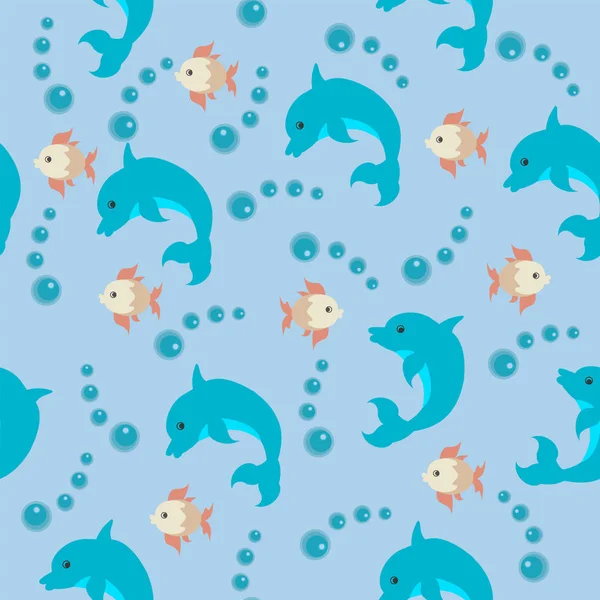 Maritieme naadloze patroon met dolfijn en vis — Stockvector