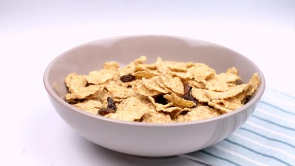 Dry Breakfast Cereal Healthy Food Diet Pour Fall Plate — Stock Video