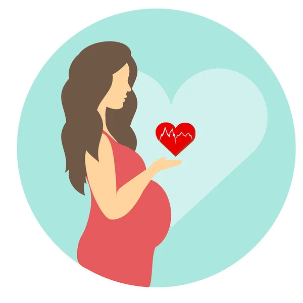 Fille enceinte avec un ventre dans une robe rouge avec un coeur — Image vectorielle