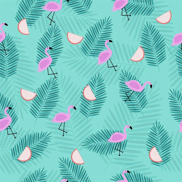 Padrão tropical sem costura com flamingo rosa com ramos de palma —  Vetores de Stock