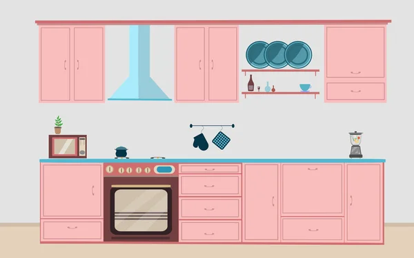 Keuken interieur, dining platte illustratie — Stockvector
