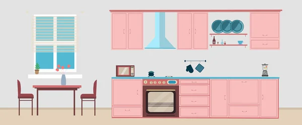 带微波炉的厨房内部用餐平面插图 — 图库矢量图片