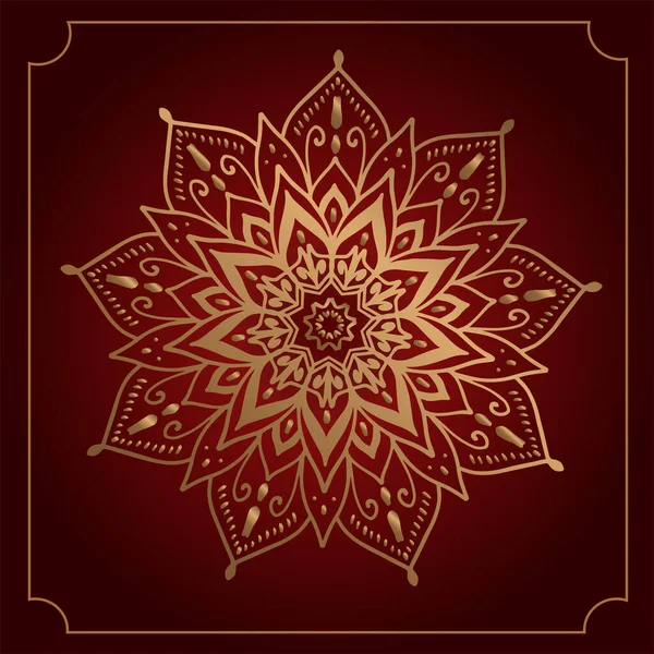 赤い背景の額を持つ美しい黄金の東洋の曼荼羅のパターン — ストックベクタ