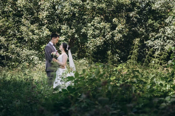 夏の森の中を歩く結婚式。夏の結婚式の写真撮影。新婚夫婦. — ストック写真