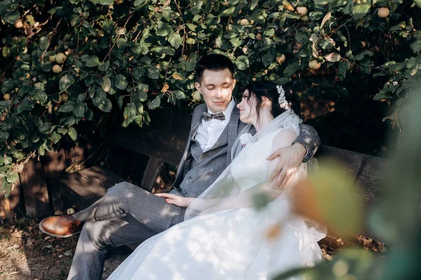 Newlyweds sitting on a bench. They look at each other in love. — Stock Photo, Image