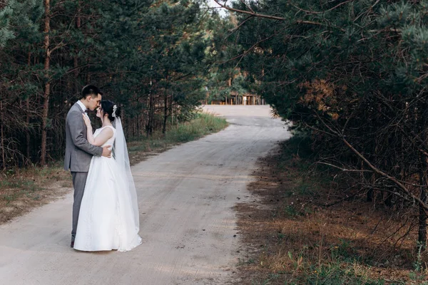 Svatební procházka v letním lese. Svatební focení v létě. Novomanželé. — Stock fotografie