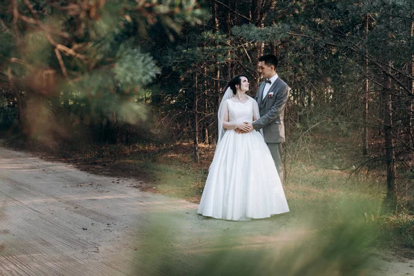 Promenade de mariage dans la forêt d'été. Séance photo de mariage en été. Couple nouvellement marié . — Photo