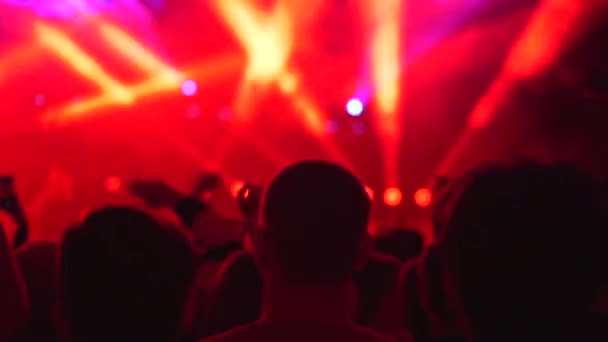 Las espaldas de los espectadores en la contraluz del concierto lumiere — Vídeo de stock