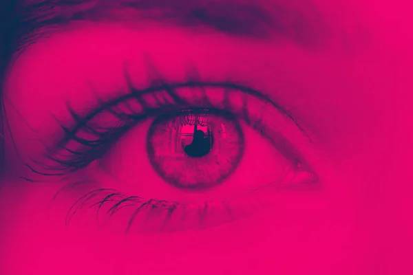 Дуотон Макроизображение потерянной радужной оболочки глаза человека смотрите в камеру — стоковое фото