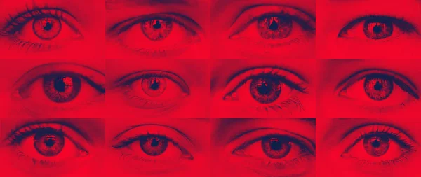 Set of eyes close-up red shadow blue duotone — Stock Photo, Image