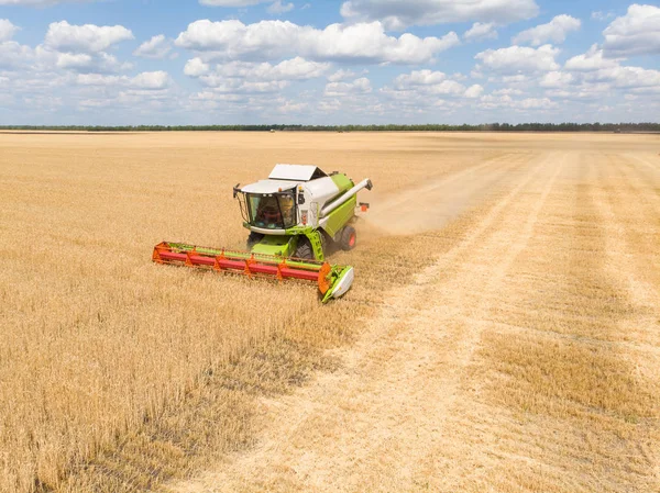 La cosecha del trigo en verano. Combinar cosechadora máquina agrícola recogida de trigo maduro de oro en el campo. Vista desde arriba . —  Fotos de Stock