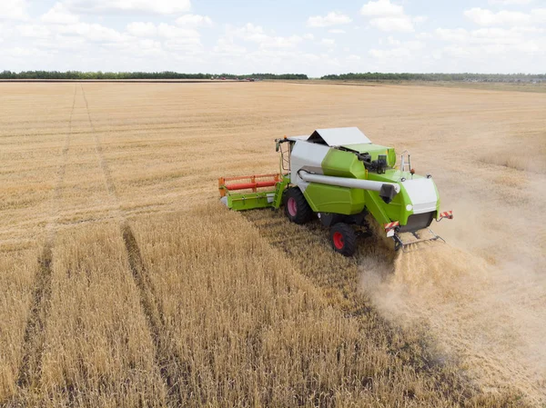 La cosecha del trigo en verano. Combinar cosechadora máquina agrícola recogida de trigo maduro de oro en el campo. Vista desde arriba . — Foto de Stock