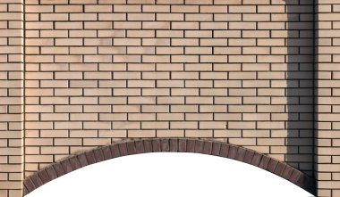 Kenarlarında iki sütun ve kahverengi tuğla çerçeveli altında bir kemer ile eski kirli bej tuğla duvar. Modern soyut doku arka planı