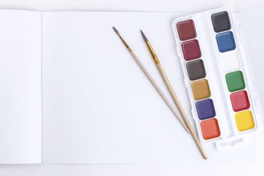 Parlak suluboya boyaları ve beyaz arka plandaki metin veya resimler için boş sayfalarla açık bir albümde boyama için iki fırça üzerinde üst görünüm