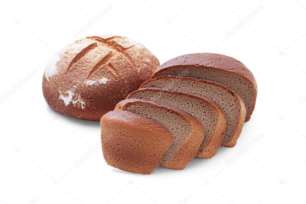Side view of a composition of two loaves of round fresh bread, one of which is cuttered into slices, isolated on a white background