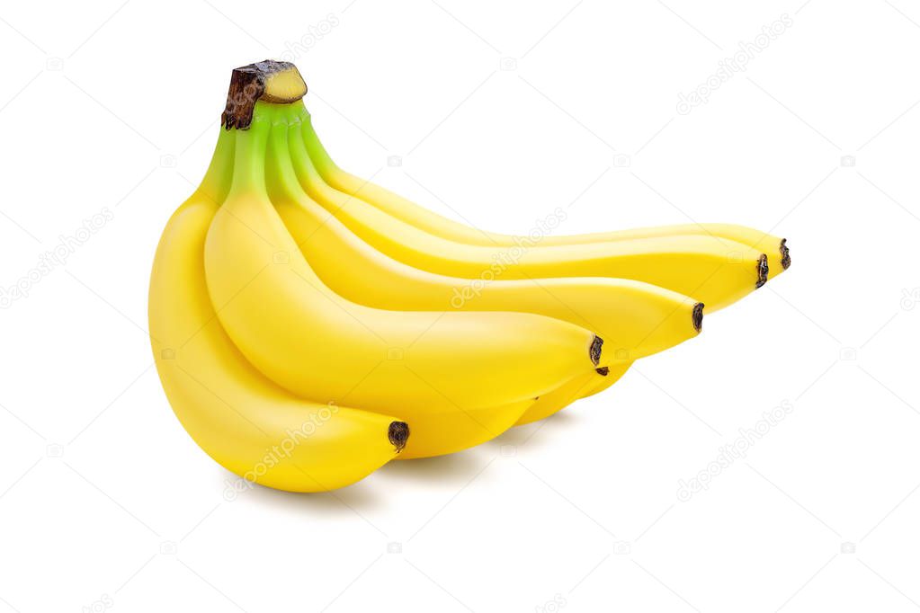 Side view of a bunch of eight ripe fresh yellow delicious bananas isolated on a white background. Clipping path