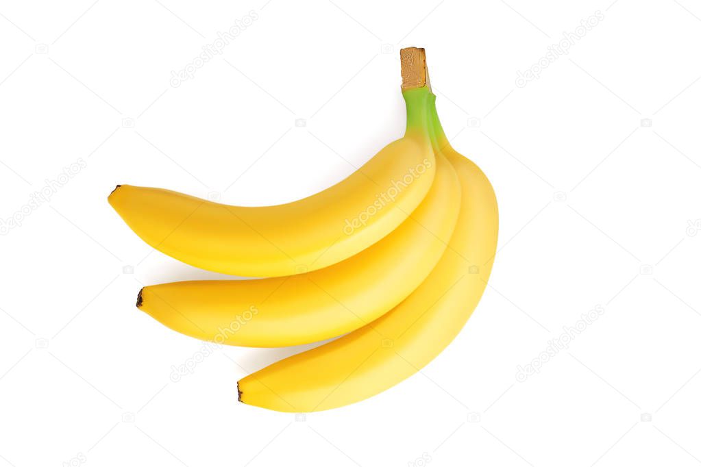 Top view on a bunch of three beautiful ripe juicy fresh yellow bananas with a green stem isolated on a white background. Clipping path