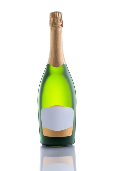 Einzige grüne, ungeöffnete Flasche Champagner mit goldener Folie am Hals, leeres Etikett für Text und Reflexion auf dem Tisch isoliert auf weißem Hintergrund. Schneidpfad — Stockfoto