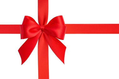 Düz yatıyordu dört döngü harika hediye yayı ve kırmızı parlak ipek kurdele beyaz arka planda izole bir haç ile bağlanmış