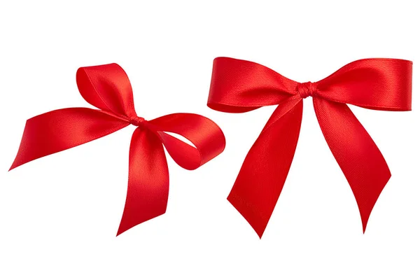 A closeup set of two detailed simple bright red handmade bows from a red silk ribbon. Side view and top view. Design elements, clipping path. — Stock Photo, Image