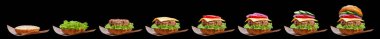 Siyah arka planda izole edilmiş klasik burger. Hamburger yapmak için adım adım tarifler. Hamburger hazırlama aşamaları, malzemeler ekleme.