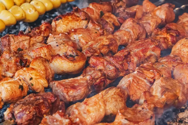 Velké Kusy Vepřového Masa Špejlích Vaří Rozpálených Uhlících Kebab Posypaný — Stock fotografie
