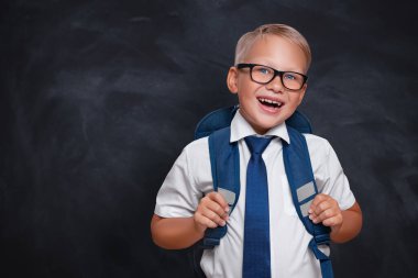 Gözlüklü yakışıklı beyaz okul çocuğu, kravatlı ve sırt çantalı, kayışları tutan ve neşeli bir şekilde gülümseyen. Kopya alanı olan başarılı çocuk tahtada. Okul konseptine dönelim..