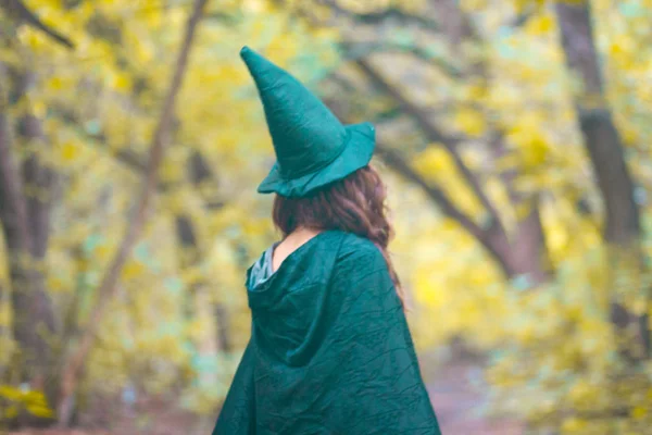 森エルフ エルフ緑帽子とレインコートの魔女 森の中を歩く — ストック写真