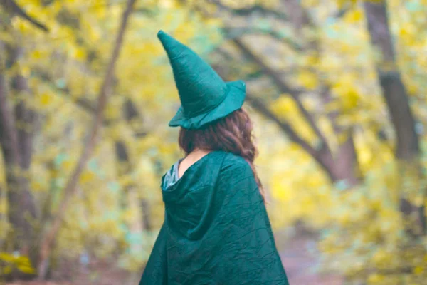 Skogen Elf Älva Häxa Elf Grön Hatt Och Regnrock Promenad — Stockfoto