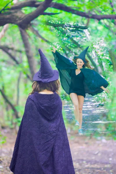 Halloween Shabash Čarodějka Setkání Víly Kloboucích Pláštích Podzimní Les — Stock fotografie